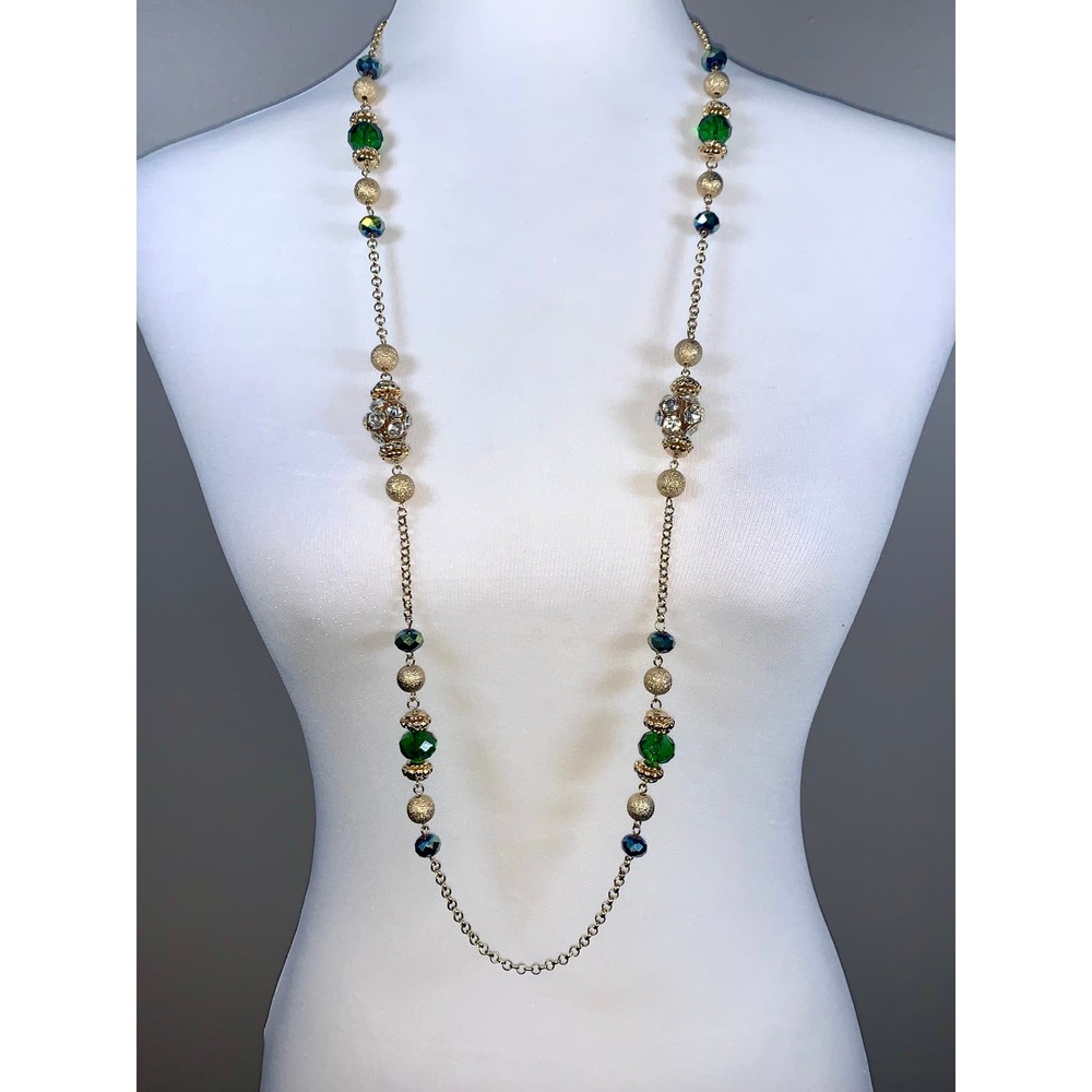 Gold Tone Green Crystal Gold Shimmer Bauble Single Strand Long Necklace EUC
